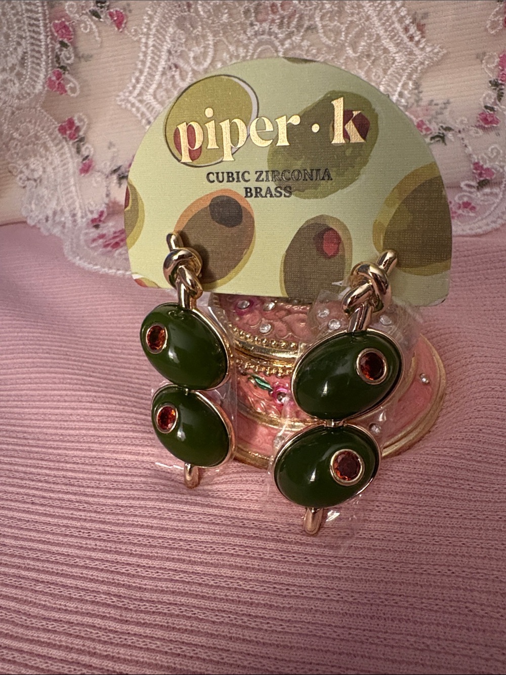 Piper Gold-Tone Olive Green Oval Drop Earrings with Pink Accent